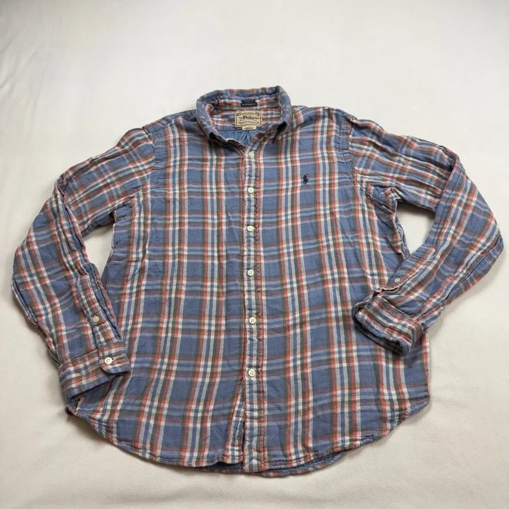 Polo Ralph Lauren Classic Fit RL Untucked Plaid Flannel Shirt Blue Red Mens LG